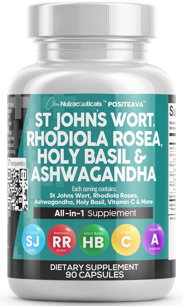 Clean Nutraceuticals St Johns Hort Rhodiola Rosea Święty Basil Ashwagandha - Wsparcie nastrojów dla kobiet i mężczyzn z ekstraktem witaminy C & Black Pepper - 90 Czapki