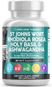 Clean Nutraceuticals St Johns Hort Rhodiola Rosea Święty Basil Ashwagandha - Wsparcie nastrojów dla kobiet i mężczyzn z ekstraktem witaminy C & Black Pepper - 90 Czapki