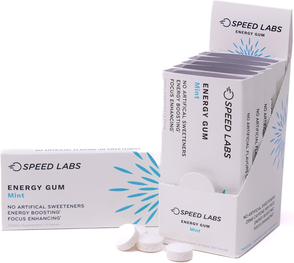 Speed Labs Mint Natural Cafeline Energy Gum 25mg Kofeina, Tauryna, B Witaminy na kawałek, 48 Kawałki (6 opakowań po 8) Cukier wolny, Zero Kalorii, Naturalnie Sweetened, Gluten wolny