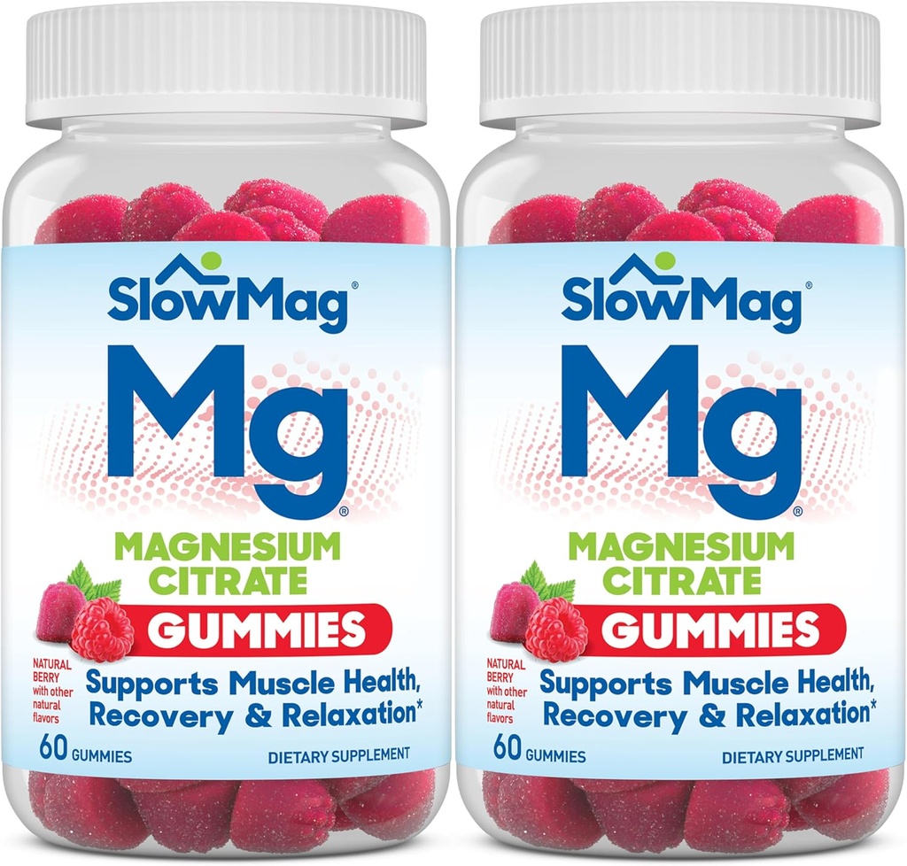 SlowMag Magnezu Citrate Gummies, 60 Hrabia, Wspiera zdrowie mięśni, Natural Berry Flavor, Recovery & Relaxation Pack of 2