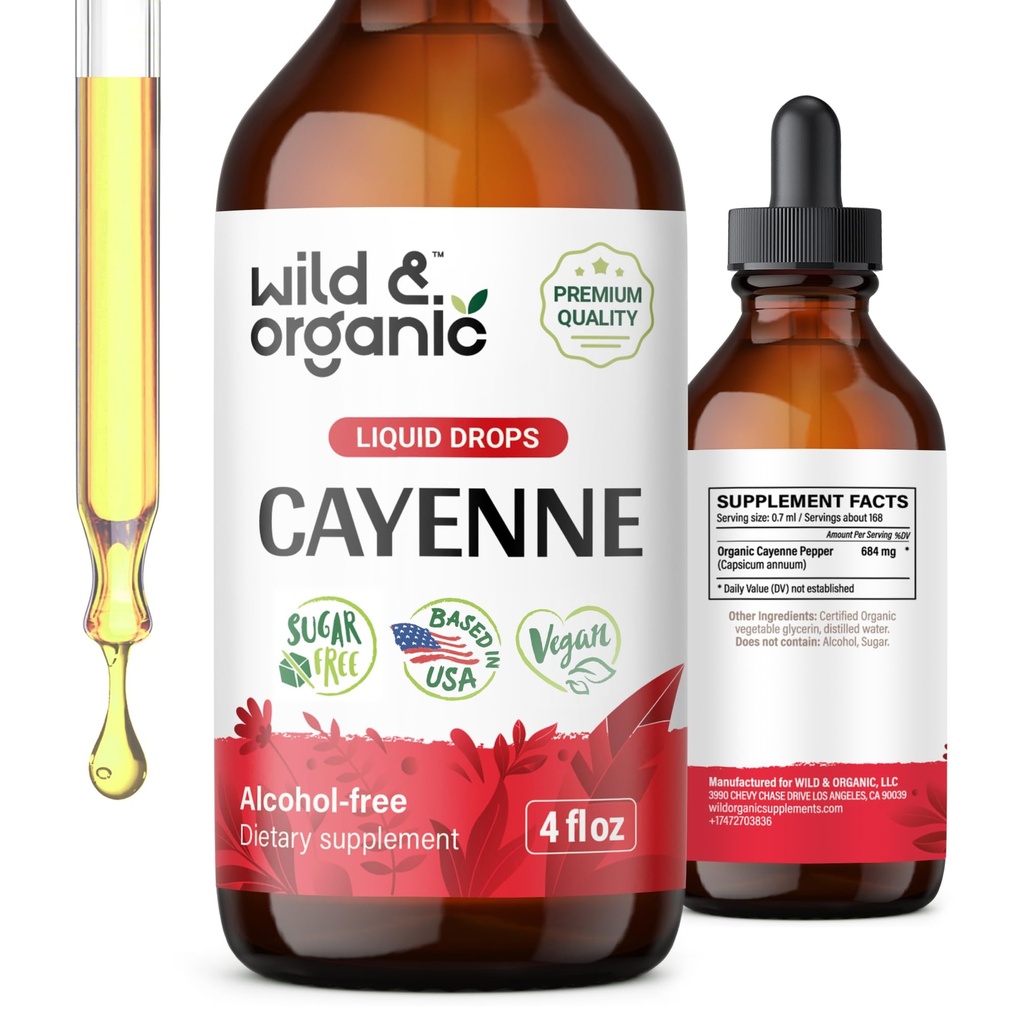 Wild & Organic Cayenne Pepper Tincture - Digestive Support with Capsaicin Extract - Cayenne Pepper Liquid Drops for Total Well- Being - Wegan, Cukier i Alkohol - 4 fl oz