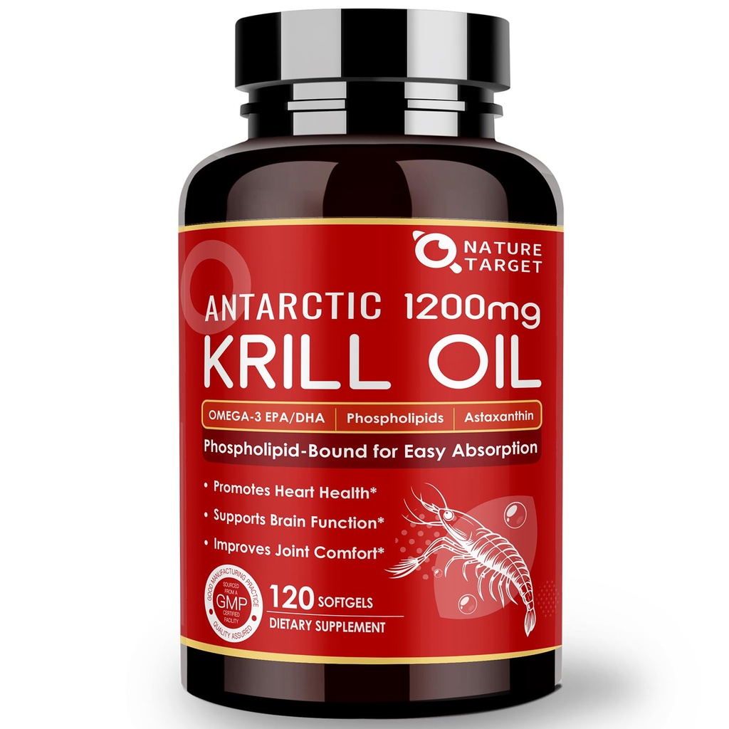 NATURE DOCELOWE Oil kryla 1200mg z Omega-3 EPA & DHA z astaksantyną, fosfolipidami i choliną - Wspomaga Serce, Mózg, Dołącz do Zdrowia, Non-GMO, Gluten Free, 120 Softgels (60 Sług)