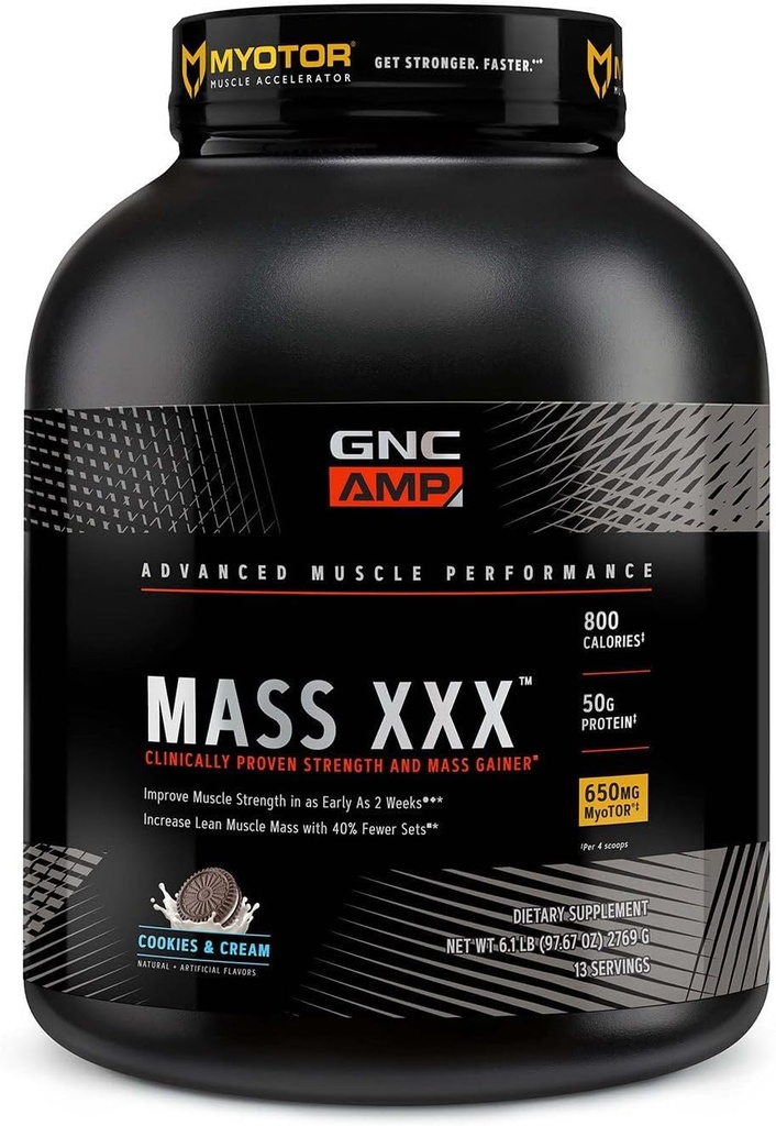 GNC AMP Mass XXX, klinicznie udowodniony Gainer Weight Protein Powder, Poprawia wytrzymałość, Rozmiar, 780 Kalorii, 50g białka, Mikronizowane aminokwasy, Kreatyna, Betaine, Cookies & Cream, 13 Służenia, 6 SVG
