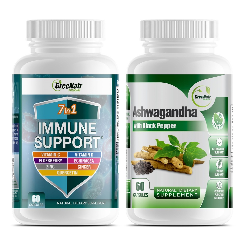 GreeNatr 7- in-1 Immune Supplement Supplement with Witamina C, Witamina D3, Cynk 50mg, Quercetin, W połączeniu z Organic Ashwagandha Kapsułki Wyposażony czarny pieprz do zwiększonej absorpcji