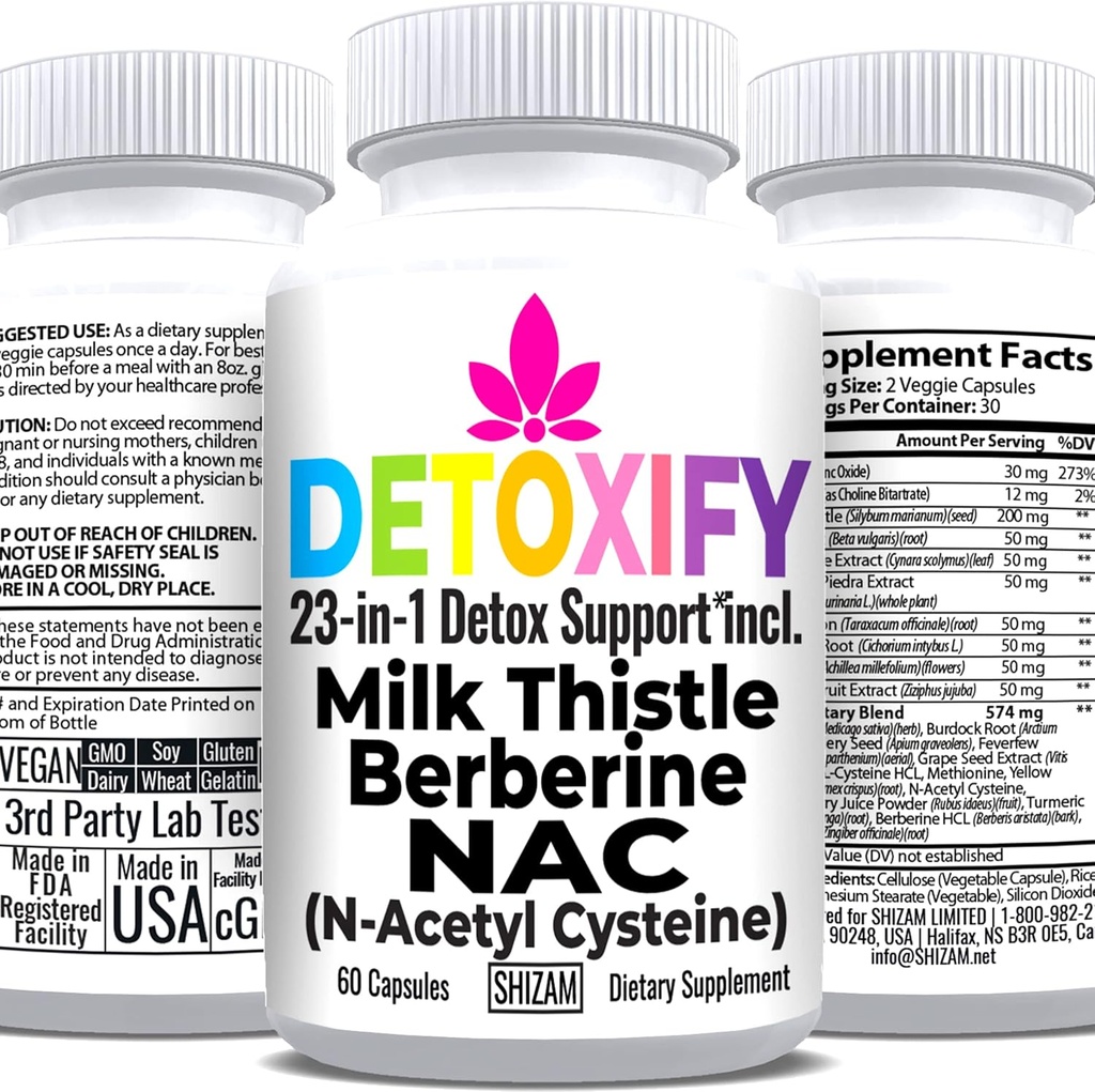 SHIZAM Milk Thistle NAC Supplement N- Acetyl Cysteine for Glutathione Remote 124; Detox Cleanse Supplement Emotion 124; Liver Health Formula w Berberine Artiduck Extract Dandelion Root Beetoot Glynac Powder