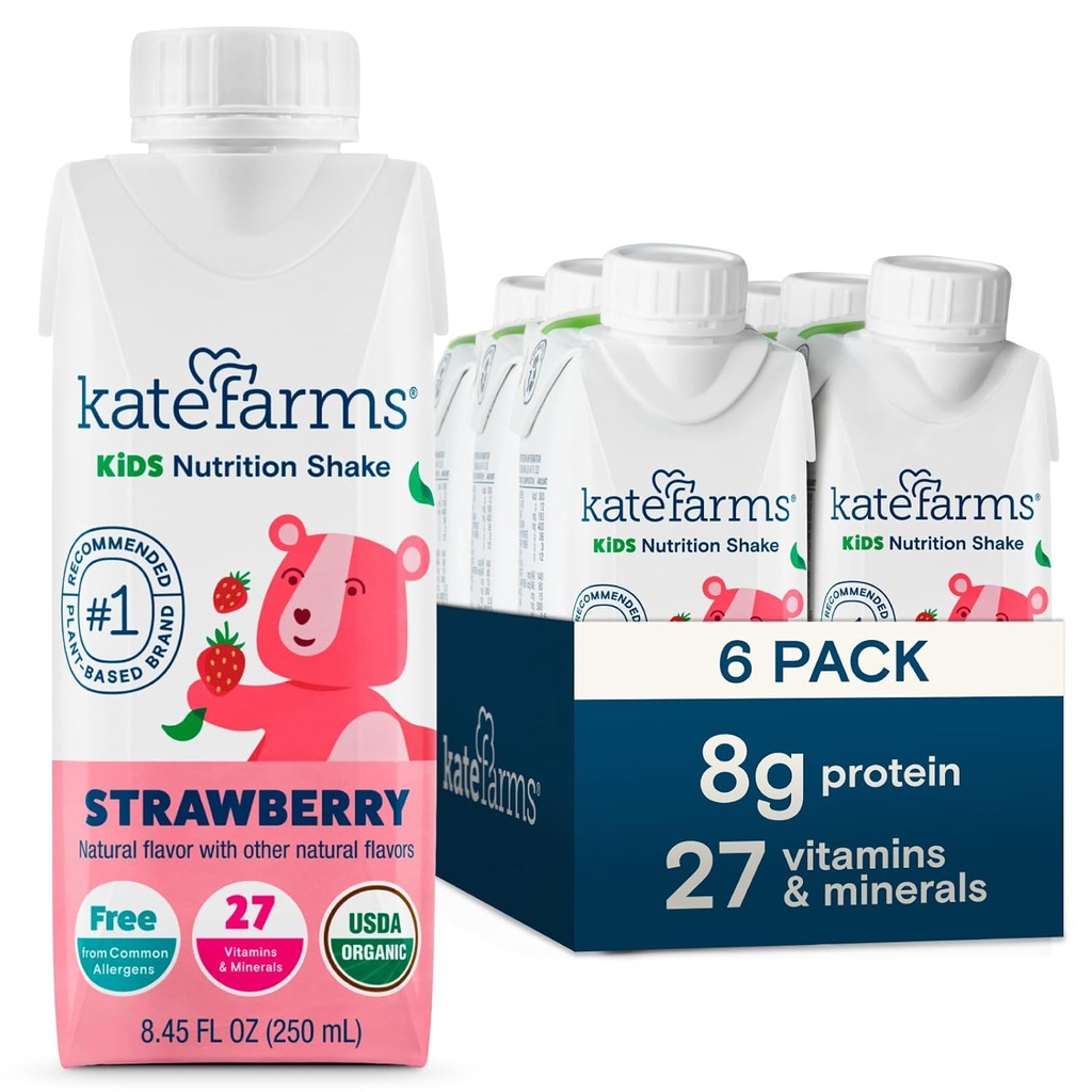 KATE FARMS Organic Kids Nutrition Shake, Strawberry, 8g protein, 27 witamin i minerałów, Meal Replacement, Protein Shake, Non-GMO, 8.45 oz (6 opakowań)