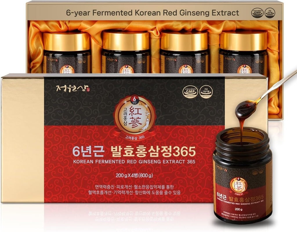 6- Year Fermented Koreański czerwony ekstrakt Ginseng 124; 4X 200g butelek 124; 9,6 mg żeńszenozydów na 15g 124; Energia, Focus, Zmęczenie, Wsparcie immunologiczne 124; Suplement ziołowy dla mężczyzn i kobiet