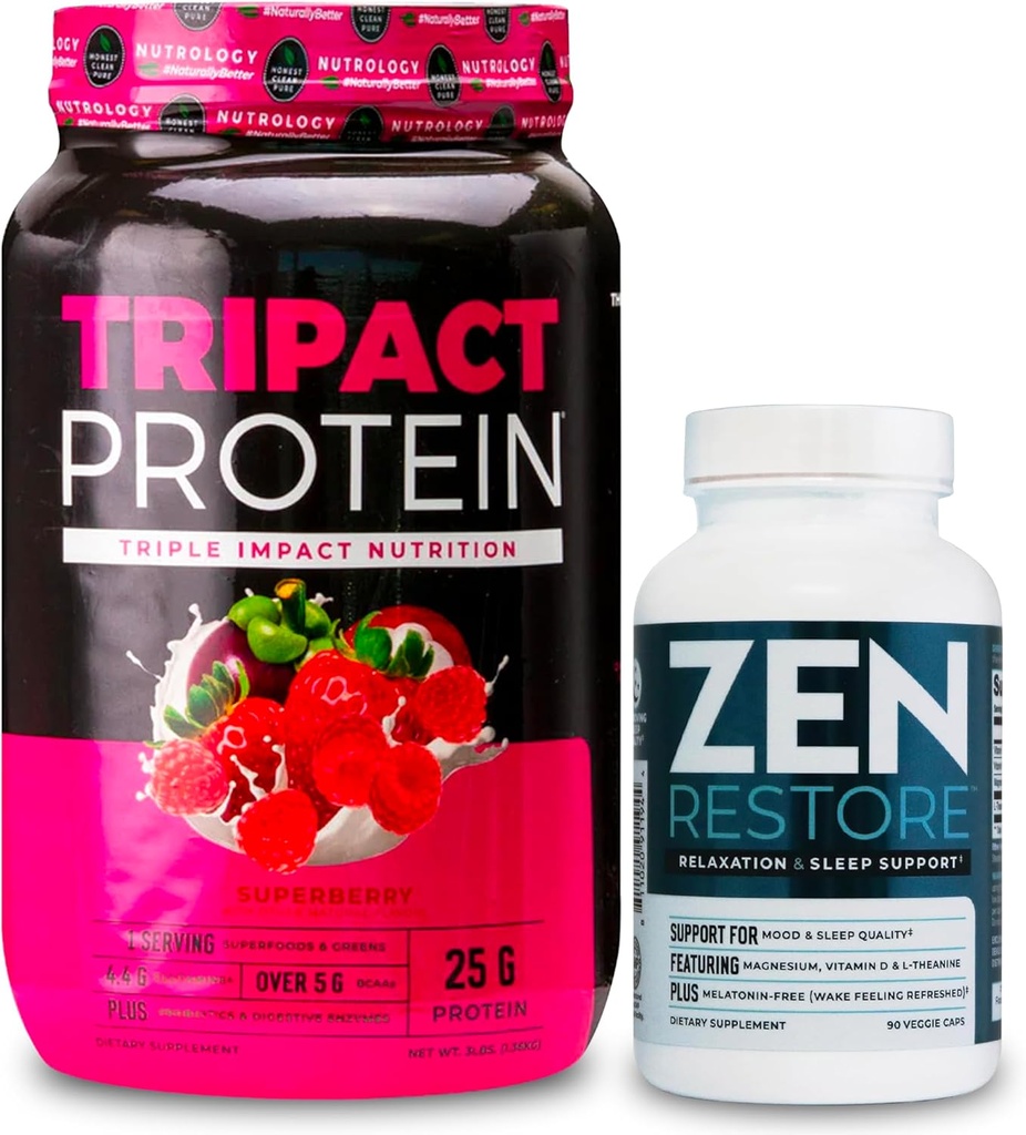 Nutrologia TRIPACT Białko w proszku, 7- in-1 Mieszany wstrząs zastępczy, Superberry (40 Servings) Zen Naturalny suplement magnezu (30 Servings)