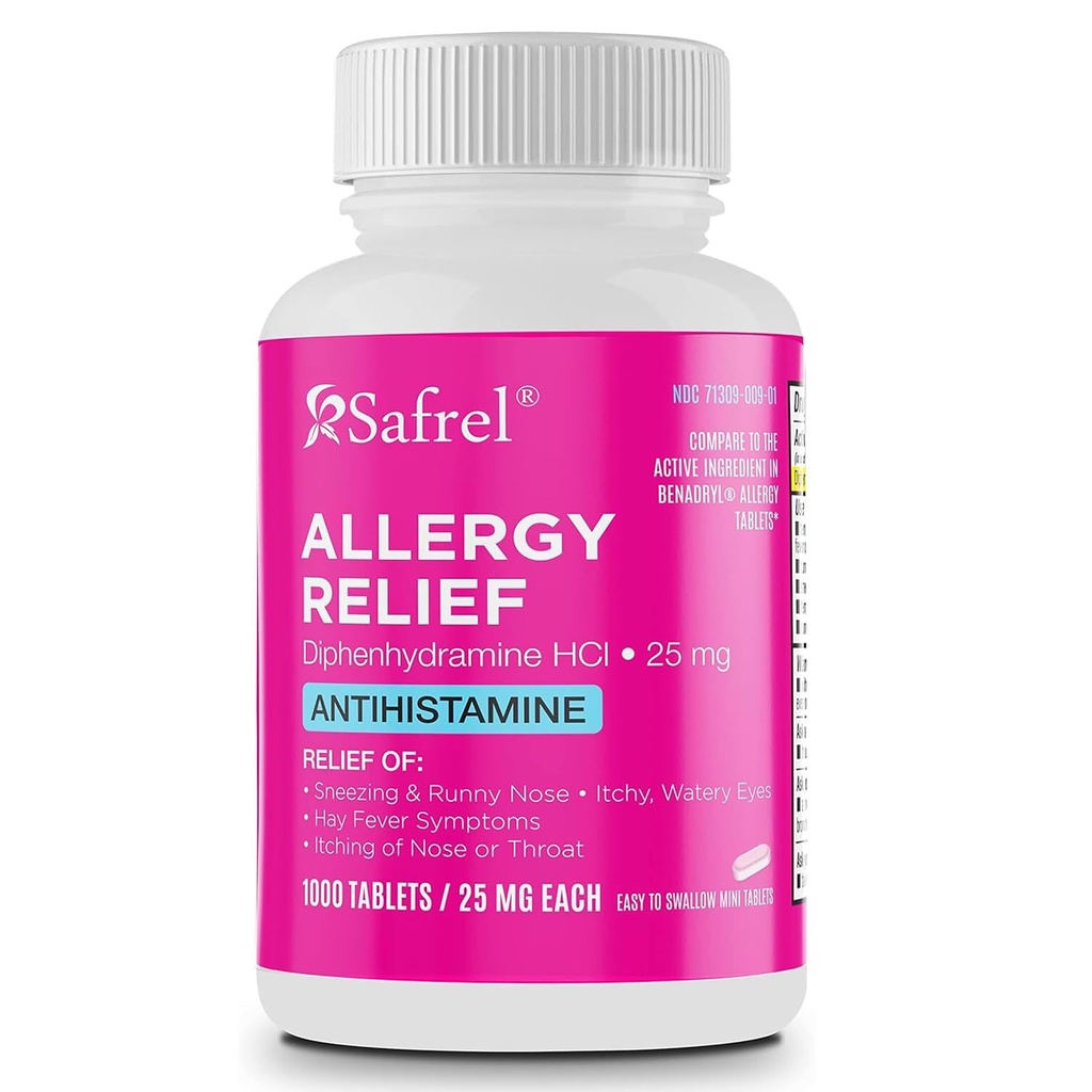 Safrel Allergy Relief Medication Difenhydramine HCl Caplets 25 mg (1000 Count), Antihistamine Relieves Sneezing, Runny Nose, Hay Fever, Swędzacze oczu i gardła, Sezonowe wewnętrzne i zewnętrzne leki alergiczne