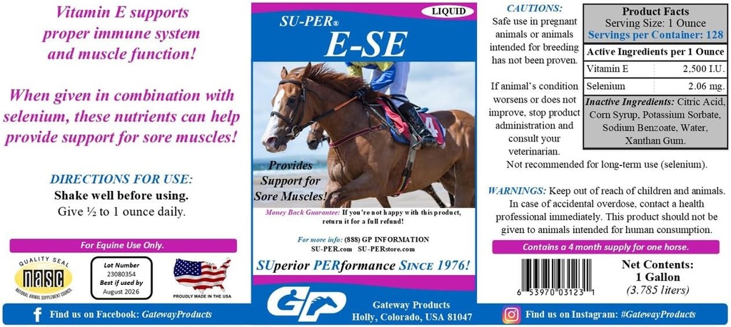 SU- PER E- Se Horses Antyoksydant Supplement - Witamina E & Selenium for Sore Muscles Support - 1 Gallon, 4 Month Supply (120 Dni)