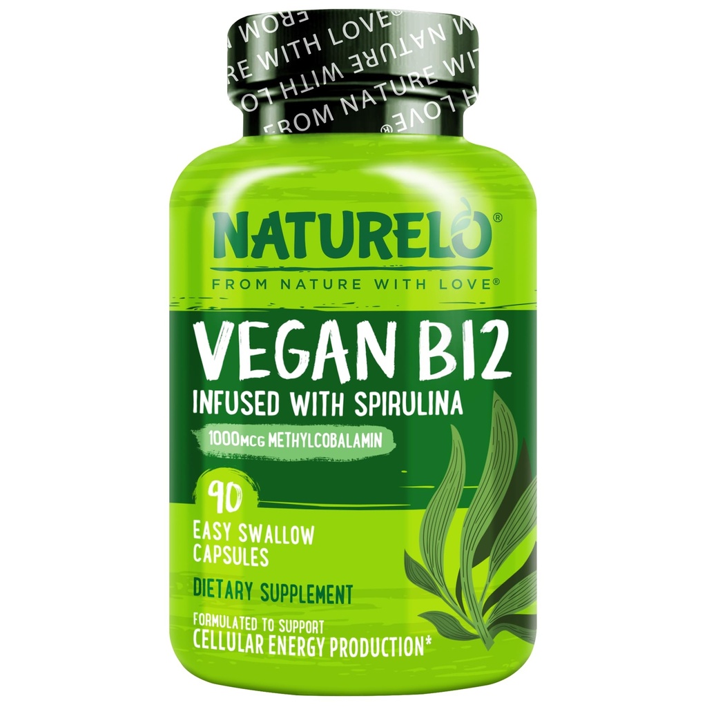 NATURELO Vegan B12 - Metylu B12 z Spirulina organiczna - Witamina o dużej mocy B12 1000 µg Methylcobalamina - Pomaga zdrowy nastrój, energia, serce i oko Zdrowie - 90 Kapsułki