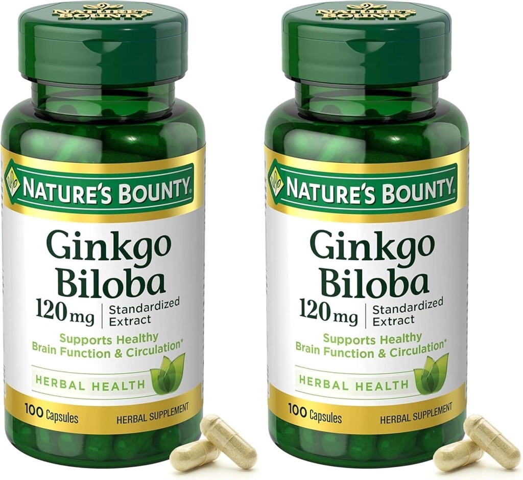 Nature 's Bounty Ginkgo Biloba Standaryzowany ekstrakt 120 mg, Butelki ziołowe, kapsułki, 100 Hrabia, Opakowanie z 2