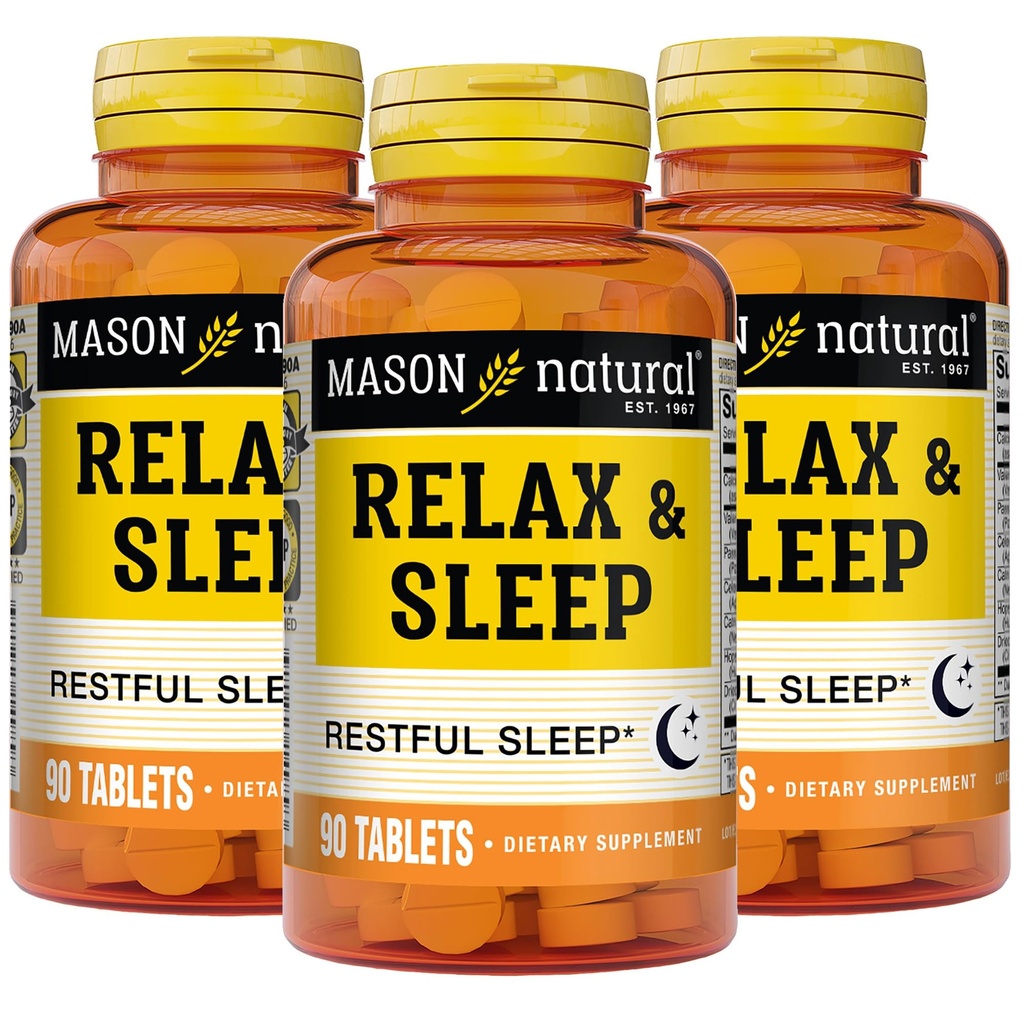 MASON NATURAL Relax & Sleep Dietary Herbal Supplement with Valerian Root & Passiflora Extract, 9 Miesiąc dostaw, 3 Pack