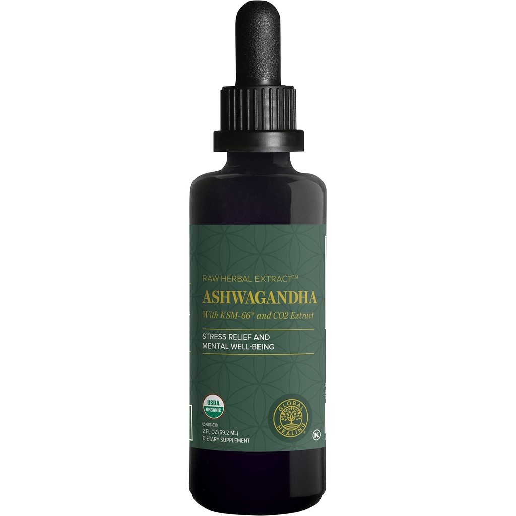 Global Healing Center - Organic Ashwagandha Supplements Drops - KSM- 66 Ashwagandha Dodatkowa siła dla mężczyzn i kobiet, Pomaga promować ulgę od stresu, Mood Support, Organic (2 Fl Oz)
