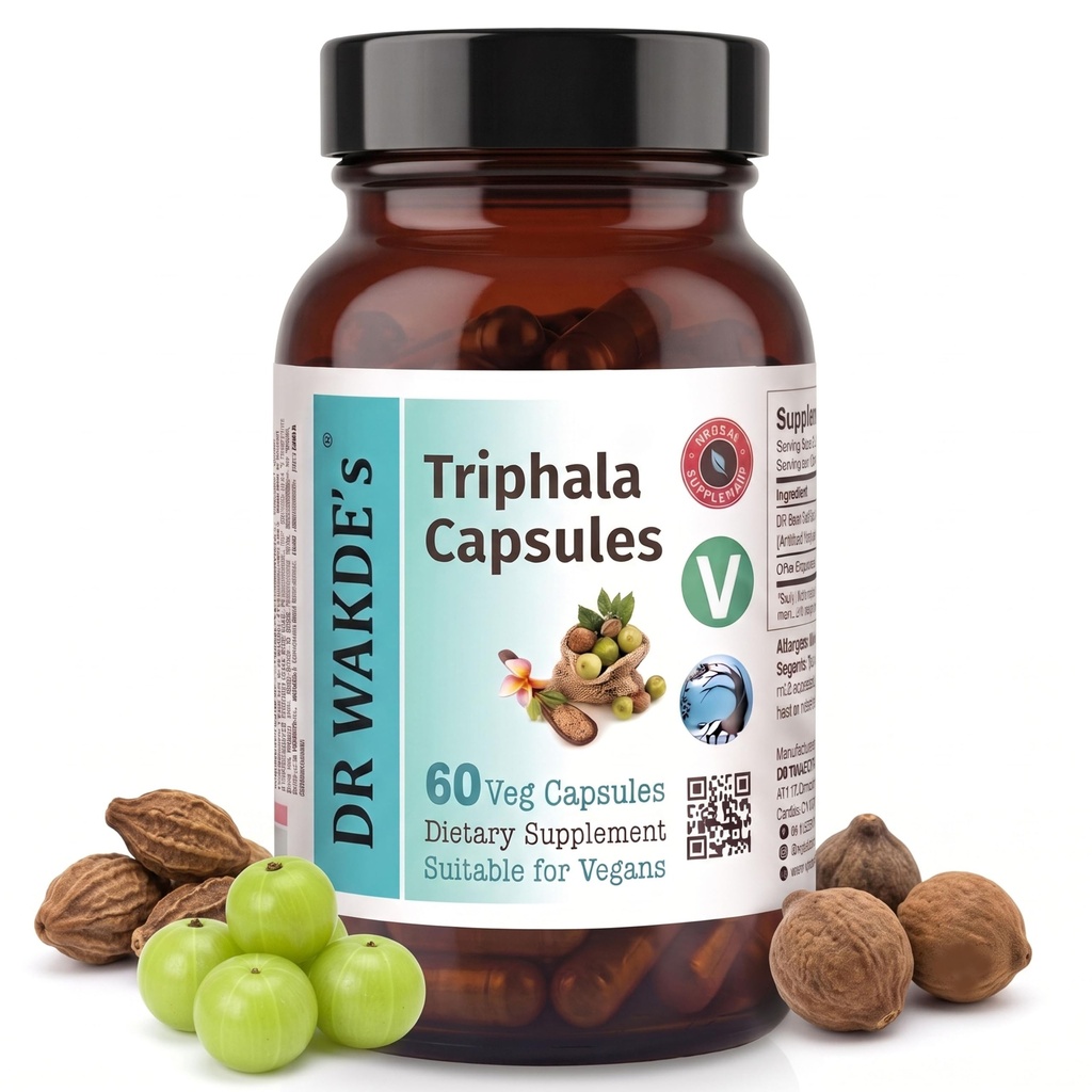 Kapsułki Triphala DR WAKDE (60 Czapek Veg, Suplement bazujący na plantacji, Zioła Ayurvedic, Wszystkie naturalne, Wegan)