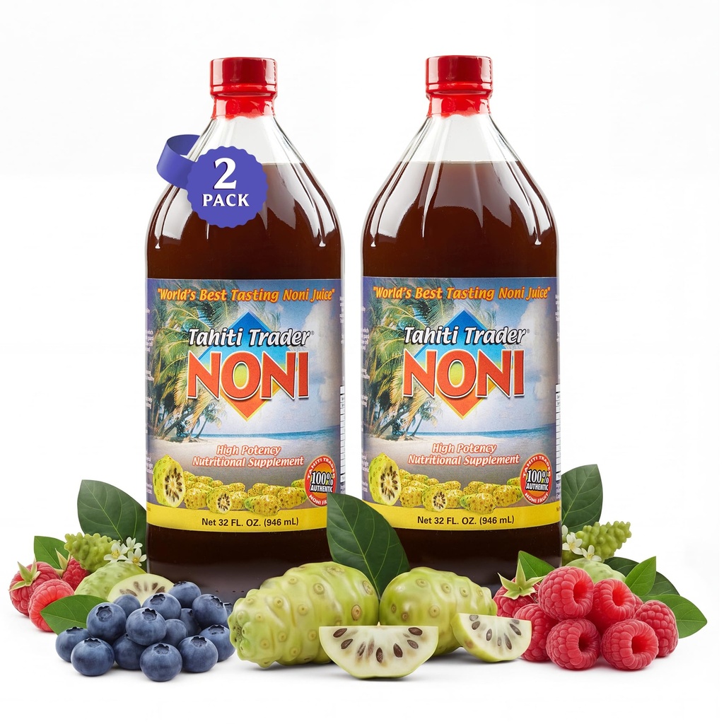 Tahiti Trader Original High Potency Noni Juice - Czysty sok owocowy Noni z Blueberry & Malina - Organiczny przeciwutleniacz Superfood Support Energy & Body Health - (32oz, 2 Pack)