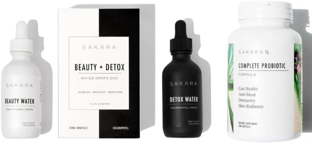 Sakara Beauty Water + Detox Water Drops & Kompletne Probiotyki - Ślady Mineralne Dropy i Chlorofil Płynne Krople, Probiotyki dla Kobiet Żywieniowych Zdrowie
