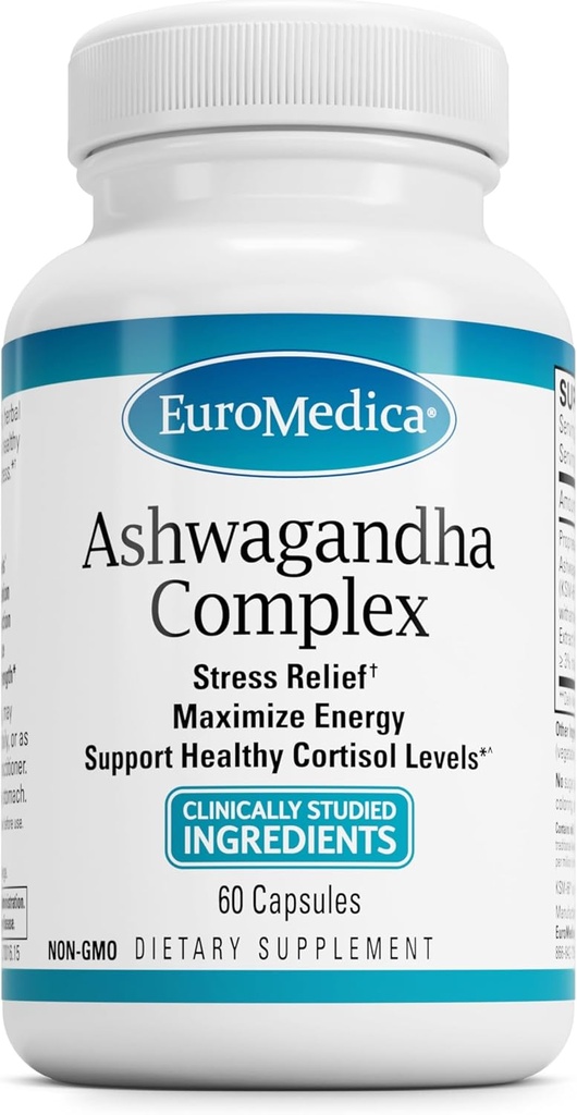 Kompleks EuroMedica Ashwagandha - Suplement do Wsparcia Zdrowia Nadnerczy - Suplement Ashwagandha z Rhodiola Rosea Extract - Suplement ziołowy do Wsparcia Energii i Koncentracji - 60 Kapsułki