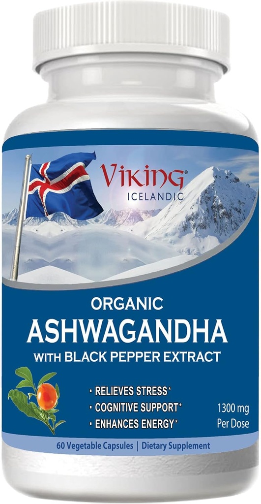 Viking Organic Ashwagandha z Black Pepper Extract Islandzki. 60 Kapsułki wegańskie - Maksymalna absorpcja stresu, nastrojów i wsparcia energetycznego