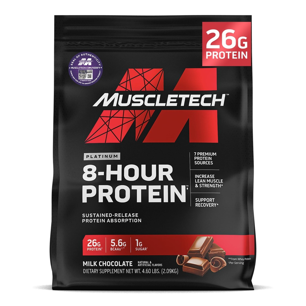 MuscleTech Platinum 8- Hour Protein Powder - 7 Premium Protein Sources with Whey & Casein Protein for Increased Lean Muscle, Siła & Ulepszony Odzysk - Czekolada mleka, 50 Służenie
