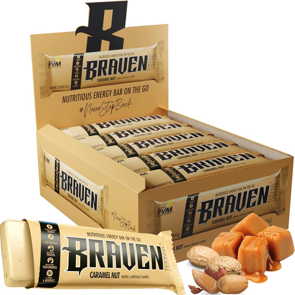 Braven Bar Karmel Nut Energy Bars (1.59 oz, Pack of 20) - Przeżuwki energetyczne z 5 g białka - On- the- Przekąski energii dla biegania, piesze piesze i sportowe - Gluten Free przekąski dla trwałej energii Boost