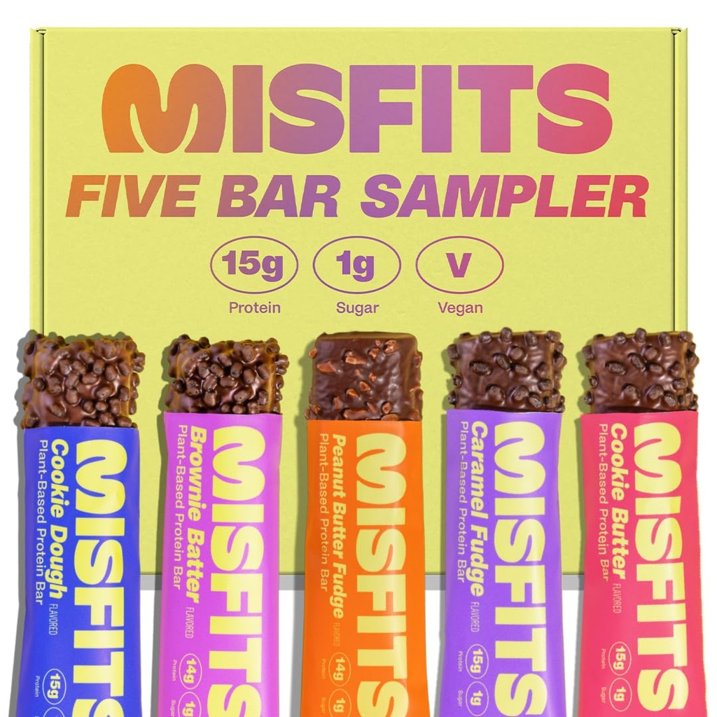 Misfits Wegan Protein Bars - Aktualizacja przepisu 124; Roślina oparta, niski cukier & Carb, Wysokie przekąski włókno 124; Paczka próbki odmiany do badania aromatów 124; Opakowanie 5 (1 każdego aromatu)
