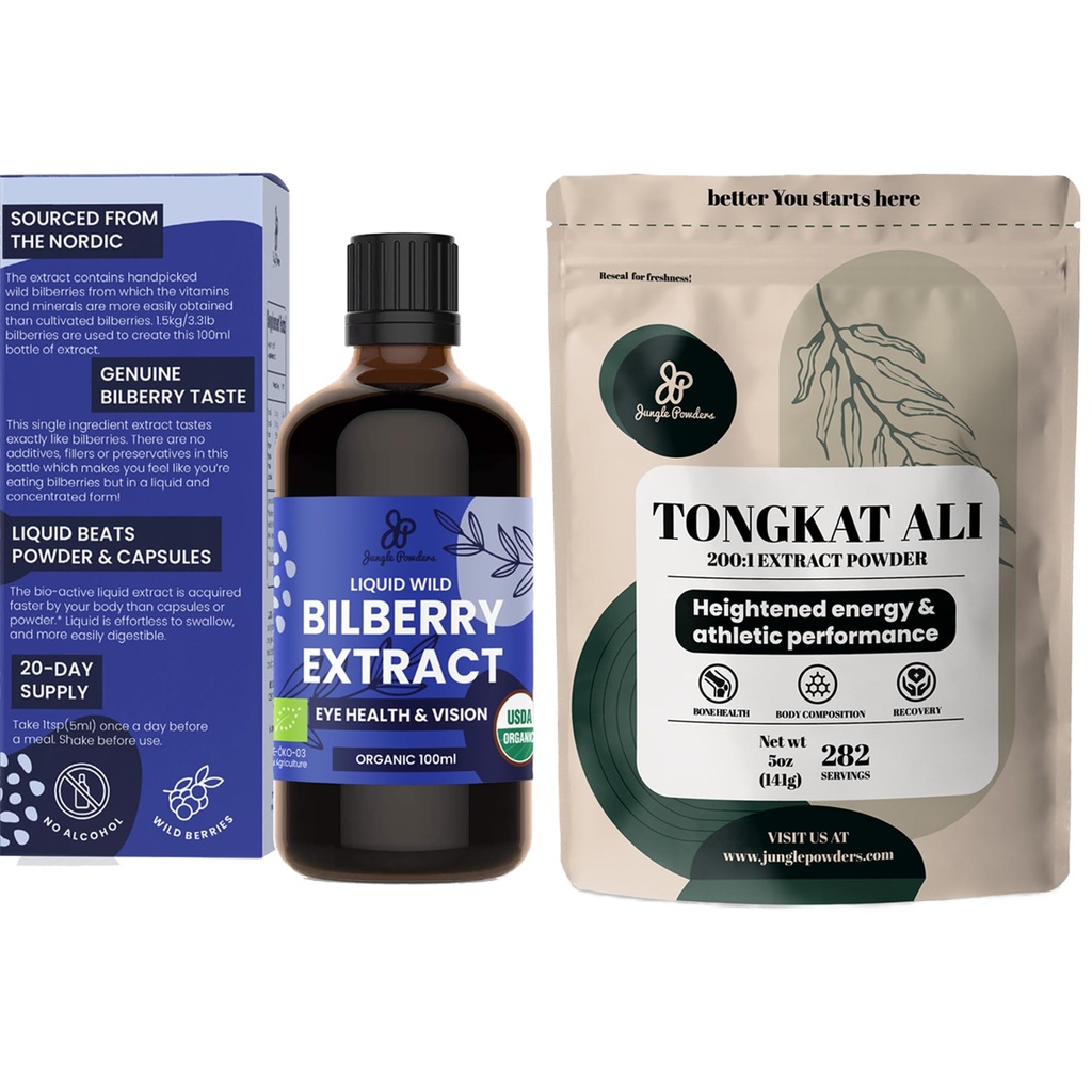 Jungle Powders Tongkat Ali for Men Powders 200: 1 Extract 5 Ounce Bag, Wild Bilberry Extract for Eyes Organic 3.4oz Butelka Suplement z borówki dla oczu