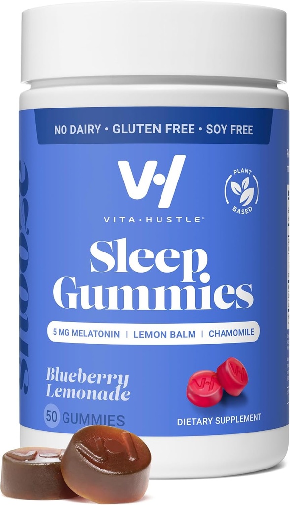 VitaHustle Natural Sleep Gummy 5 mg Melatonina, Lemon Balm, Rumianek, Relax & Sleep Aid, niski cukier, Plant- based, Lemoniada z jagodami, 50 Count