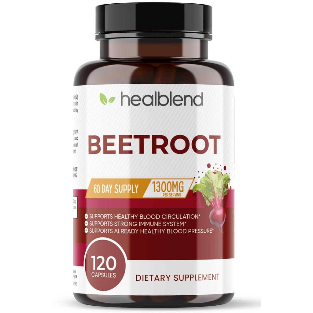 Healbend Organic Beet Korzeń kapsułki 1300mg - Azot tlenek azotu Booster Booster Wspomaganie zdrowego ciśnienia krwi, Heart Health, Cyfrowe Superfood - 120 Count