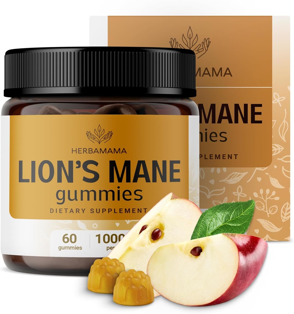 Gumki Lwa HERBAMAMA - 1000mg Gumki Mane Lwa do wspomagania klarowności mózgu - Wegański, niezmodyfikowany genetycznie suplement ogniskowy dla dorosłych - 60 Pectin- Based Apple- Flavored Chews