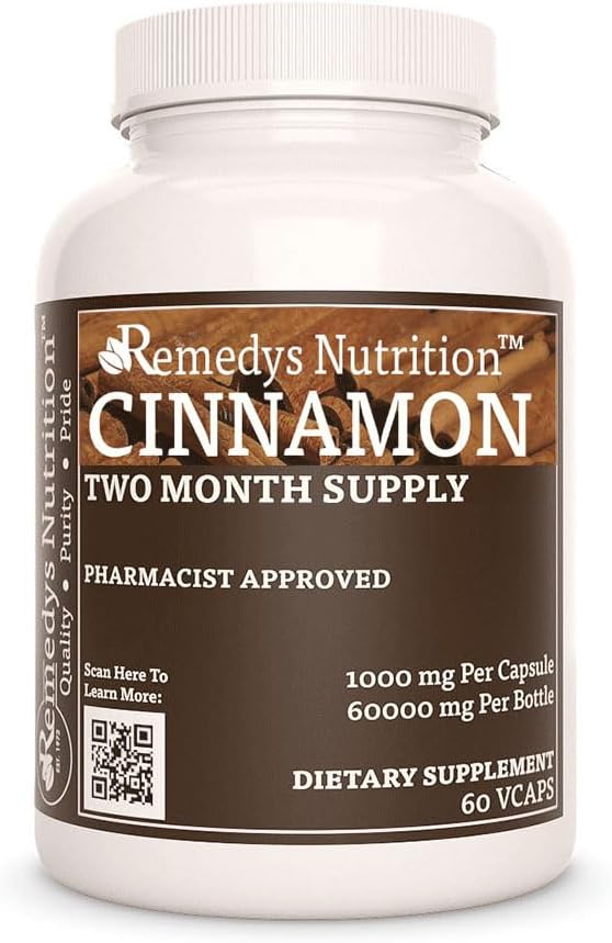 Żywienie Remedy 's Cinnamon Bark Cejlon 124; 1000 mg, 60 Kapsułek Wegańskich Ziołowych Suplement diety 124; Dwa miesiące dostaw