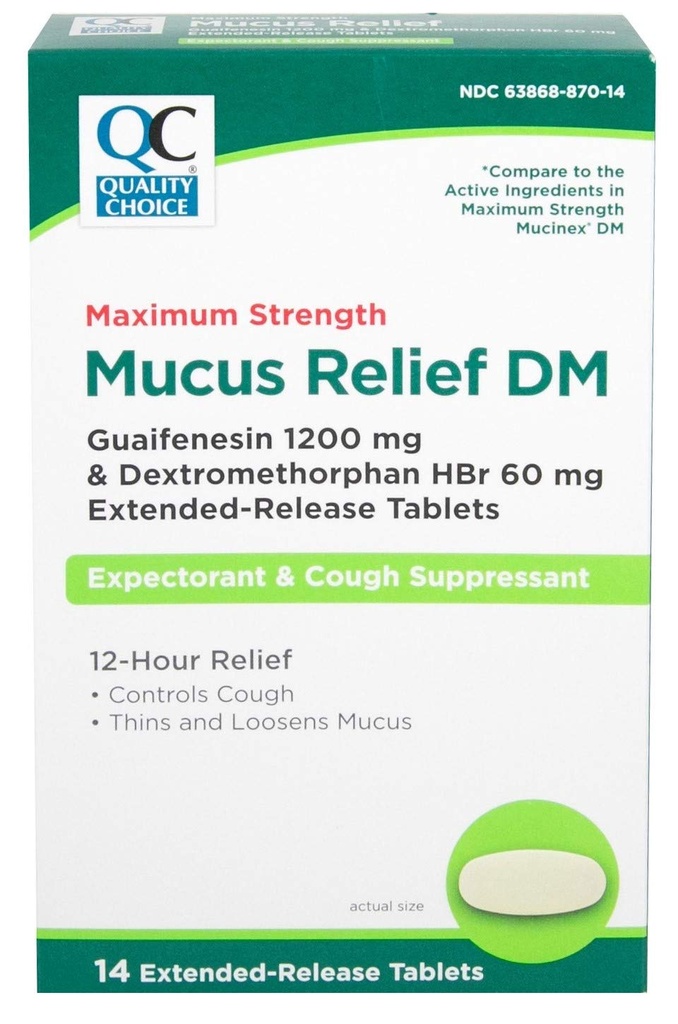 Quality Choice Maximum Strength Mucus Relief DM, Cough Suppressant and Expectorant, 12 Hour Relief, Guaifenesin 1200 mg and Dextromethorphan HBr 60 mg Extended Release Tablets, 14 Count