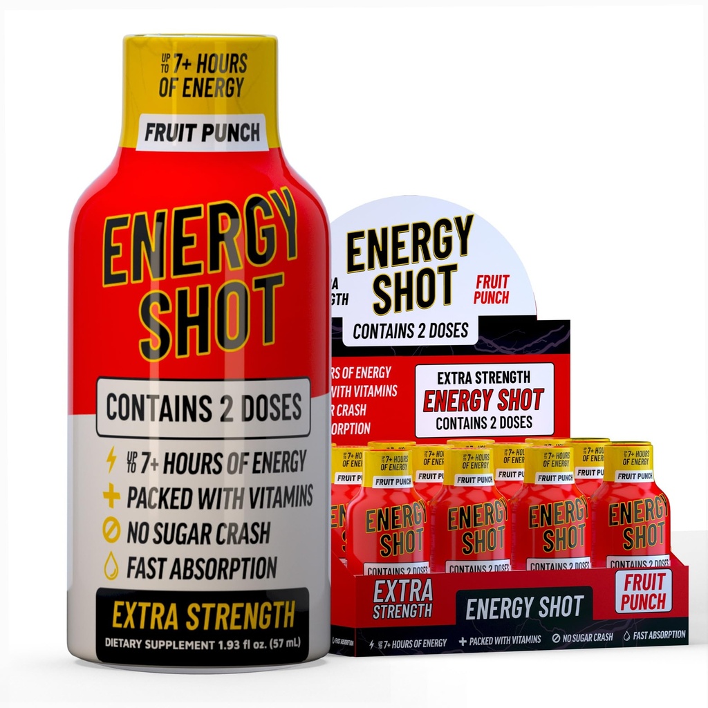 Fruit Punch Extra Siła Energy Shot 12 pk - 260mg Naturalna kofeina B12 B6 - Energetyka i Focus Support - 2 Słupki Sugar Free Zero Calorie Zielona herbata B- Witaminy Electrolytes Vegan - 1.93 fl oz