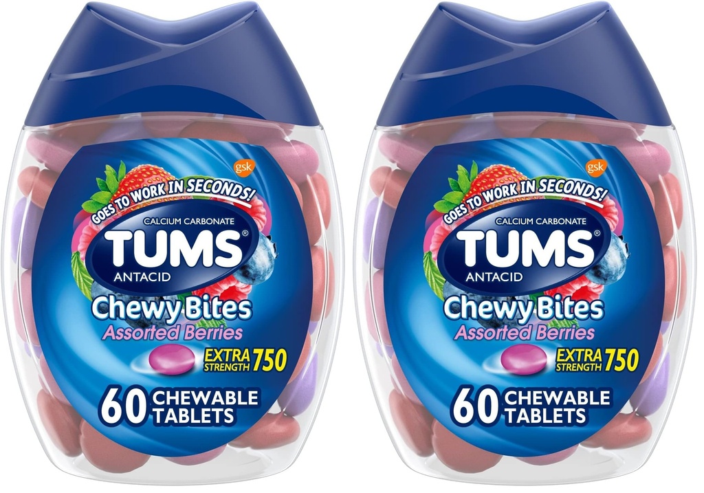 TUMS Chewy Bites Antacid Tablets for Chewable Heartburn Relief and Acid Infersition Relief, Różne Jagody - 60 Count (Opakowanie po 2)