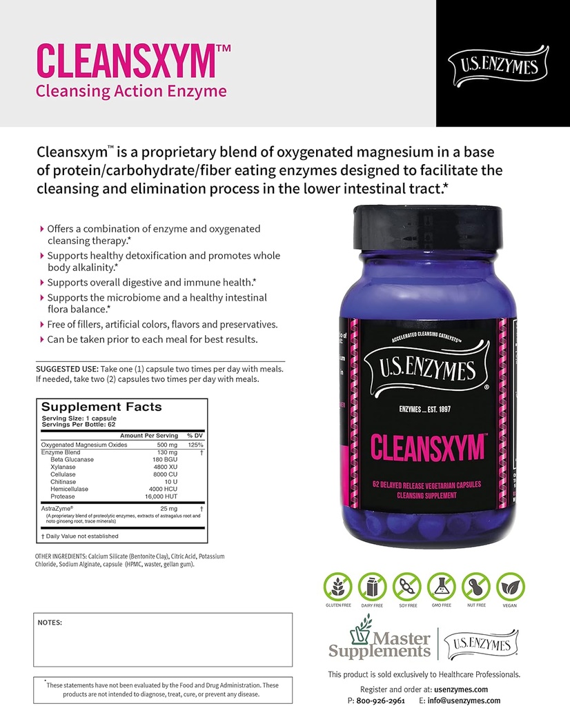 U.S. Enzymy CLEANSXYM 62 Kapsułki wegetariańskie. Suplement do czyszczenia.