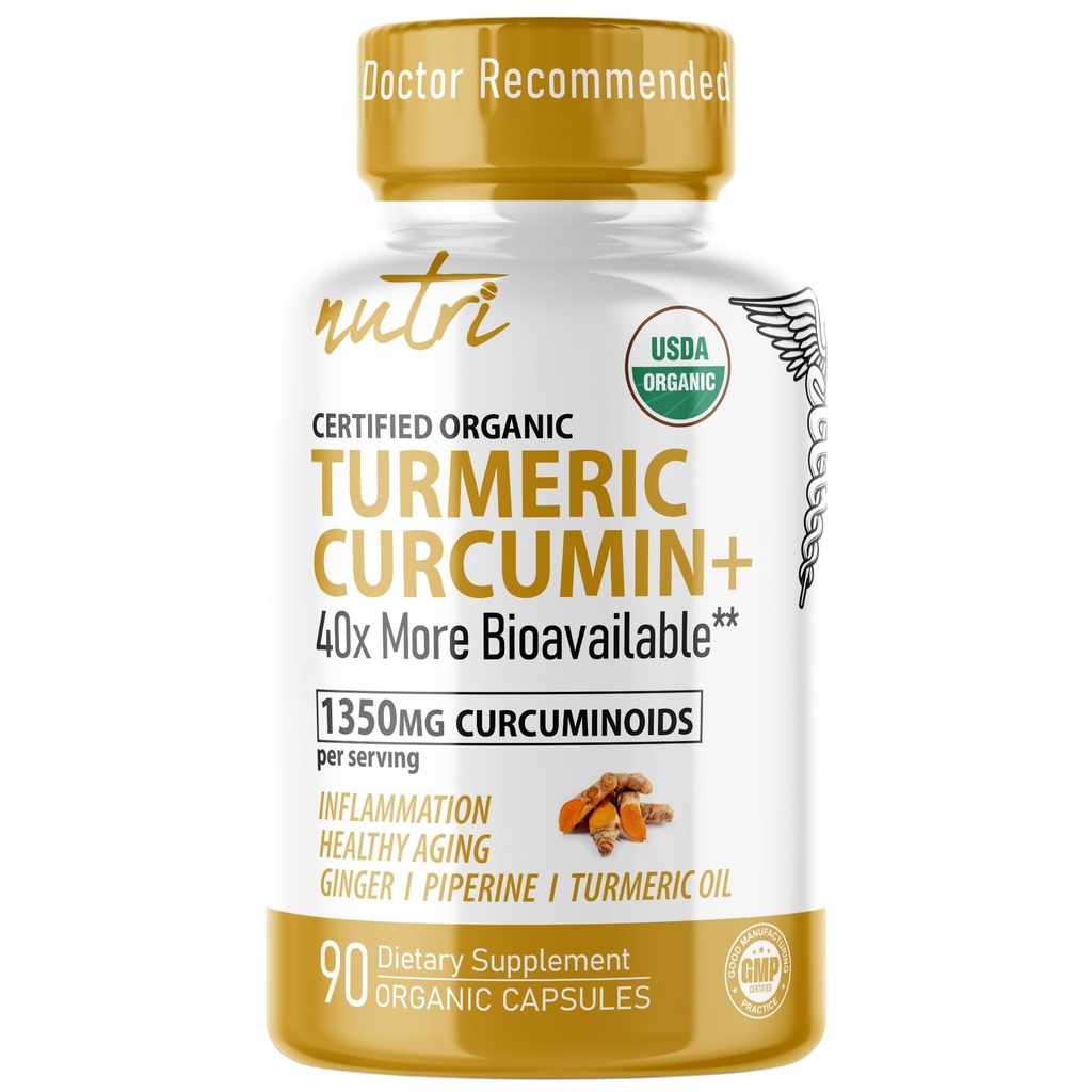 Natural 's Fusion Nutri Organic Turmeric Supplement 1425mg - 40x More Biodostępny - 95% Kurkuminoidy - Kurkumina kurkumina z Black Pepper, Ginger & Turmeric Oil - Suplement