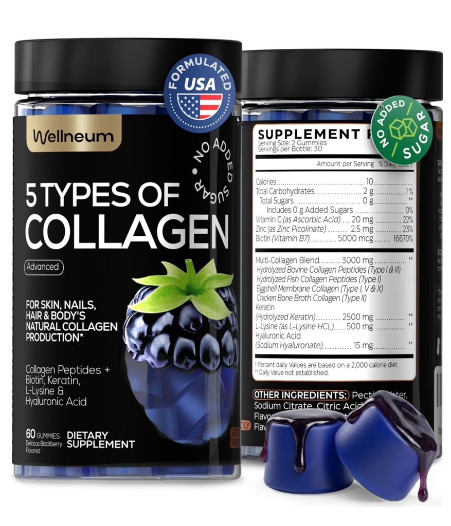 Colagen Peptide Gummies for Women and Men - Colagen Gummy Supplement for Healthy Hair, Skin, Nails and Bones - Hialuronic Acid, Biotin, Keratin, Saw Palmetto - Sugar Free, No GMO and gluten, 60 szt.