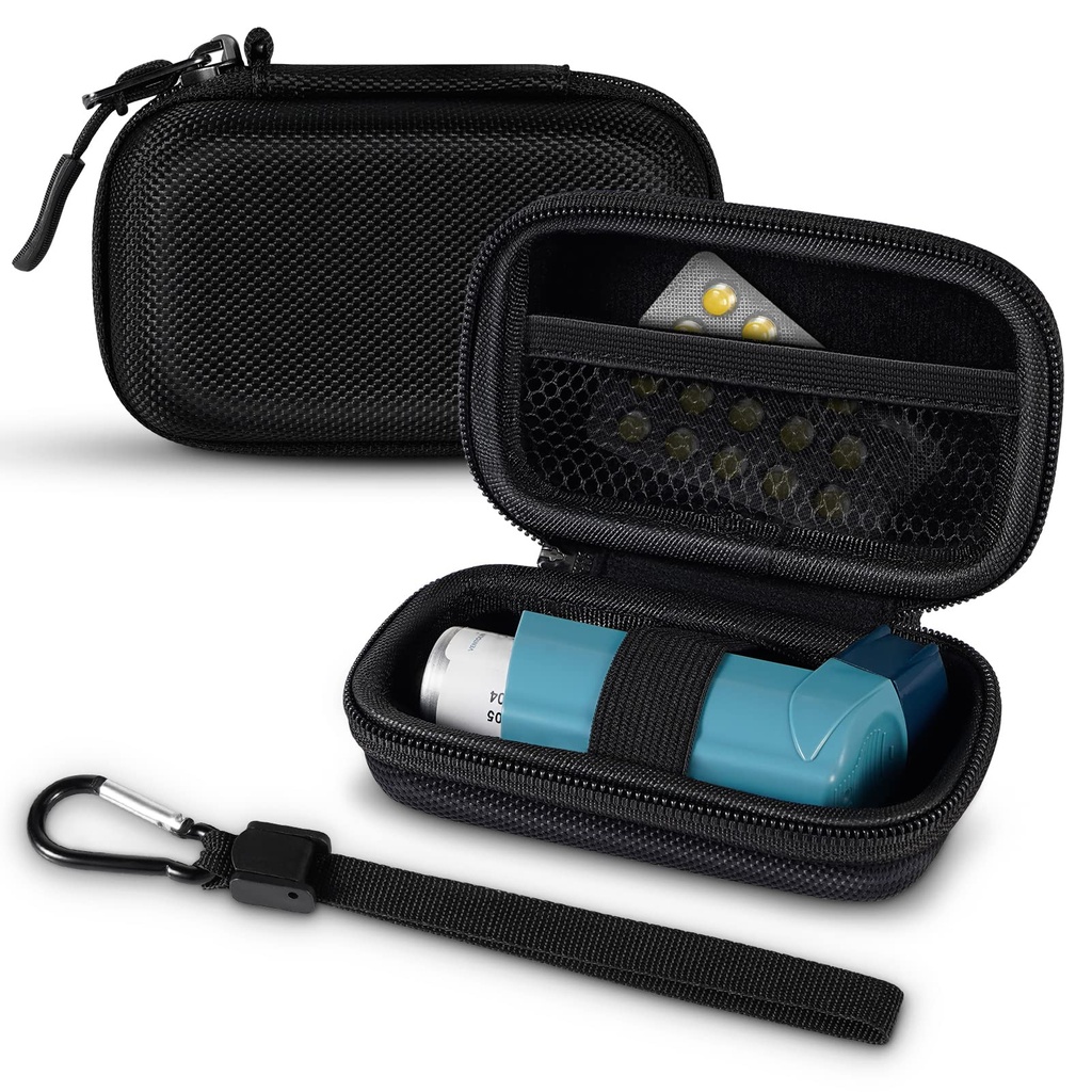 Inhaler Case, Hard Shell Protective Travel Carry Case, Dopasowuje standardowe ratunkowe i nowe urządzenia Inhaler Albuterol do 4 Inches, Urządzenie nie obejmuje, Czarny