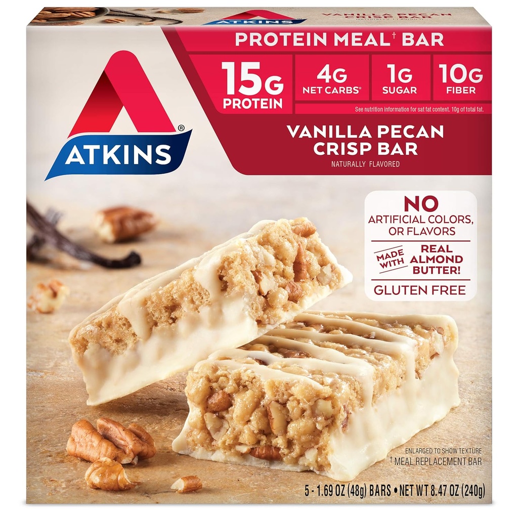 Atkins Vanilla Pecan Crisp Protein Meal Bar, High Fiber, 1 g cukru, 4g Net Carb Meal Wymiana, Keto Friendly, 5 Hrabia