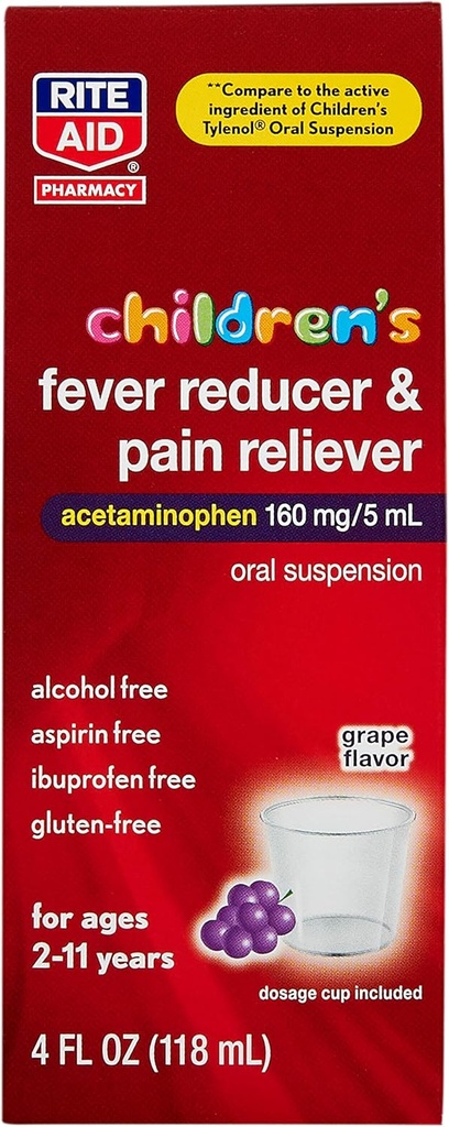 Rite Aid Children 's Acetaminophen, Grape Flavor, 160 mg - 4 fl oz 124; Reliever Pain i Fever Reduktor 124; Kids Cold Medicine Acetaminophen; for Ages 2- 11 Years Old Acetaminofen 124; Childrens Fever Reducer 124; Kids Pain Reliever