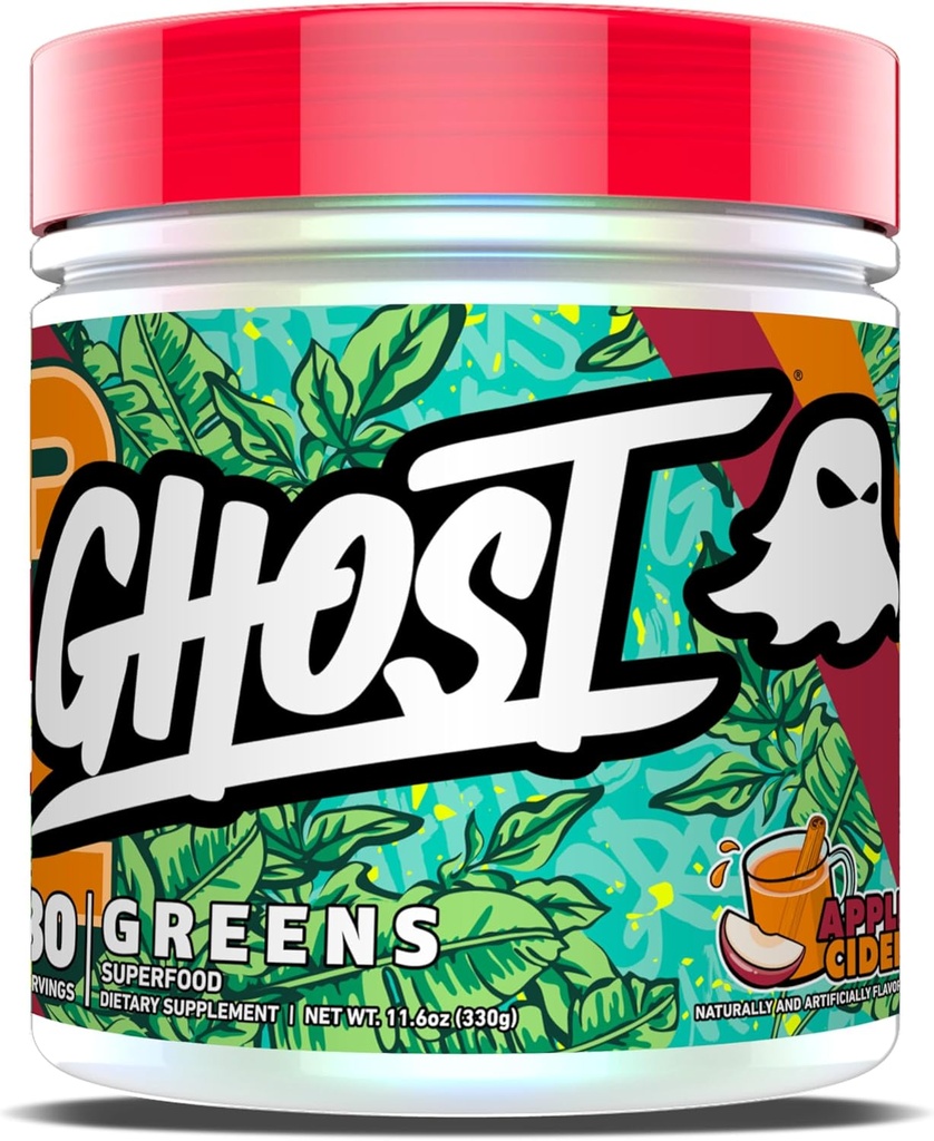 GHOST Zielony Proszek, Jabłko Cydr - 30 Służenia - 19 Zielone i czerwone warzywa w proszku, Owoce, Warzywa, Spirulina, & Chlorella, Prebiotyki, 10 Miliard CFU Probiotyczne i Digestive Enzymy - Gluten- Free