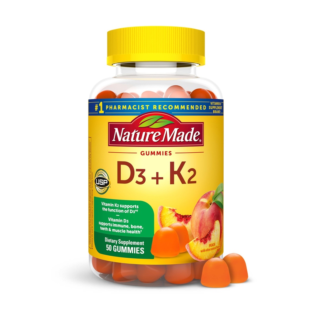 Nature Made Witamina D3 K2 Gummies, Witamina D 5000 j. m. na Podawanie kości, zębów, mięśni i immunologicznego wsparcia, 50 Gumy witaminy, 25 Day Supply