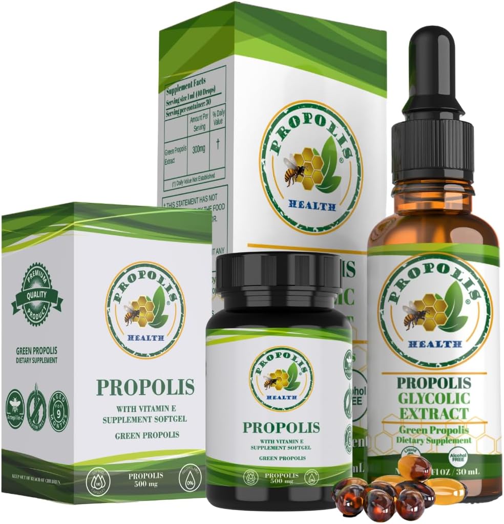 Propolis Health Premium Brazylijczyk Green Propolis Bundle: 1000mg kapsułki z witaminą E & Green Propolis Extract Liquid - 50 Dni kapsułki i 30 Dni dostawy płynu do immunologicznego wsparcia