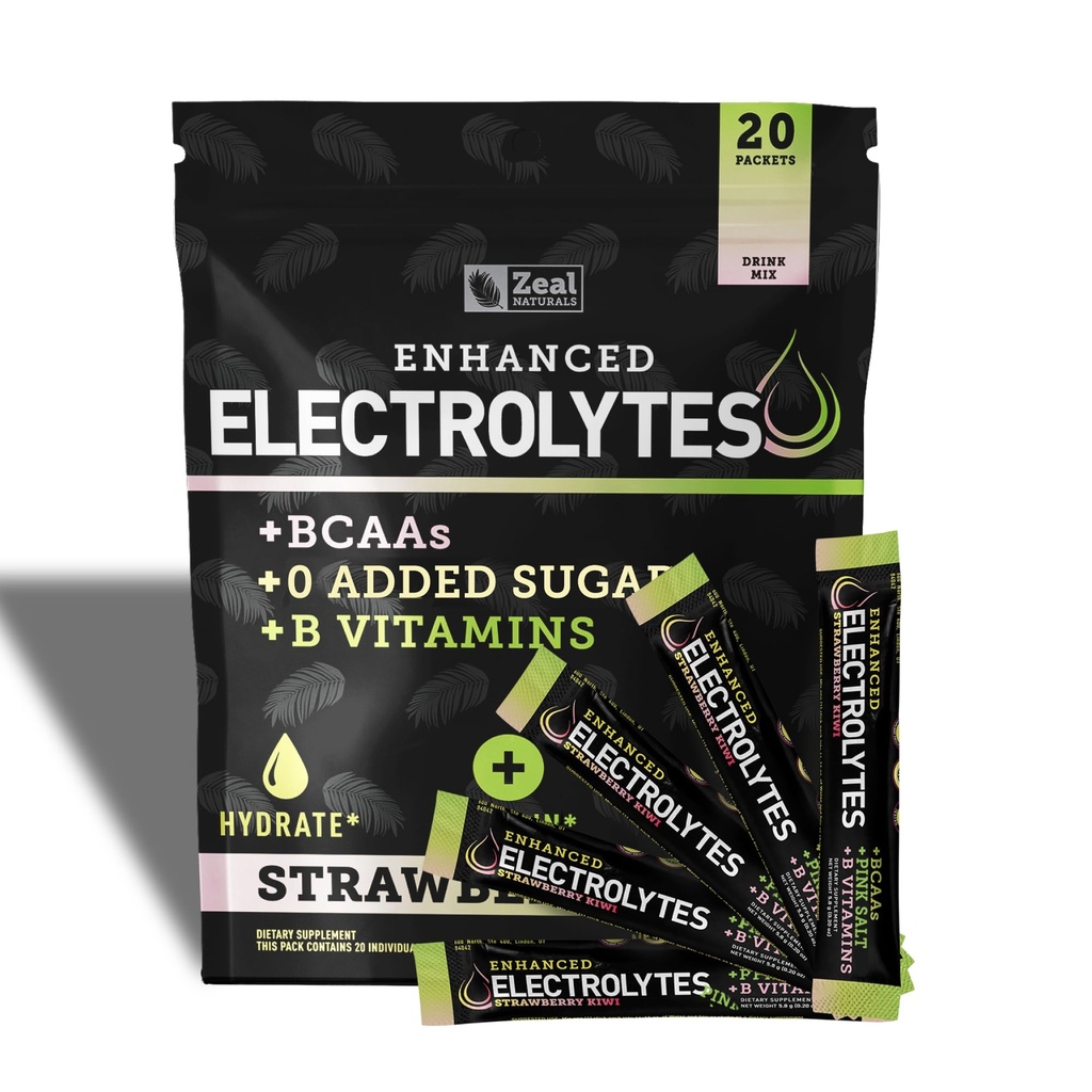 Ulepszone opakowania proszkowe elektrolitów (truskawka Kiwi 124; 20 opakowań) w / 0 Sugar + BCAAs + B- Vitamin Suplement elektrolitu w cynku potasu i magnezu do hydrolizy - Keto Electrolytes