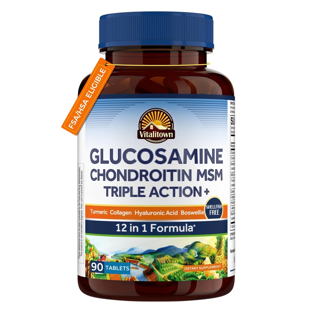 Vitalitown Glukozamina Chondroitin MSM XI124; Kolagen, Boswella, Turmeric, kwas hialuronowy, Bromelain XI124; Triple Action + Formula XI124; 12 Składników XI124; 90 Tabletki, No Shellfish