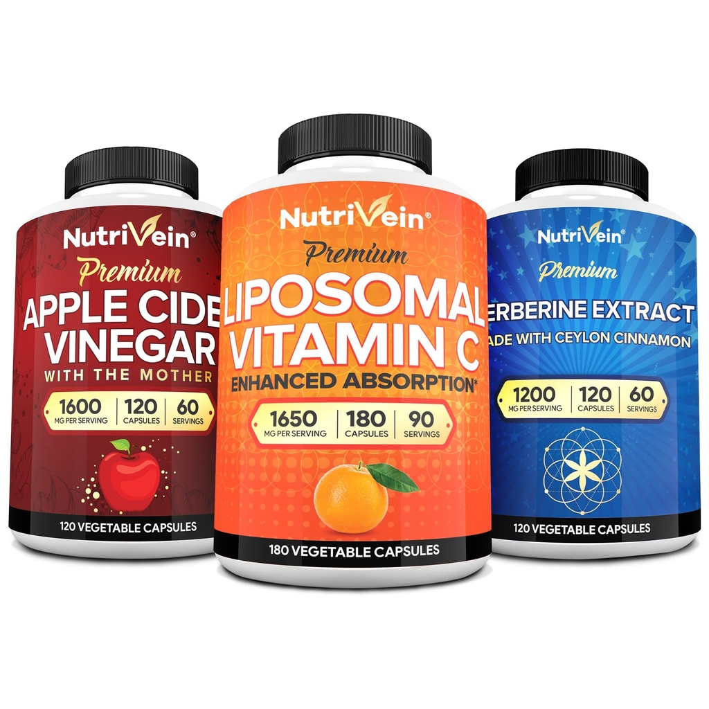 Żywność odżywcza Premium Berberine, Jabłko Cydr Ocet, & Liposomal witaminy C Suplement Pasek: Wysokoabsorpcyjne witaminy C Kapsułki, kapsułki ACV i Berberine Suplement dla Wellness & Immunitet