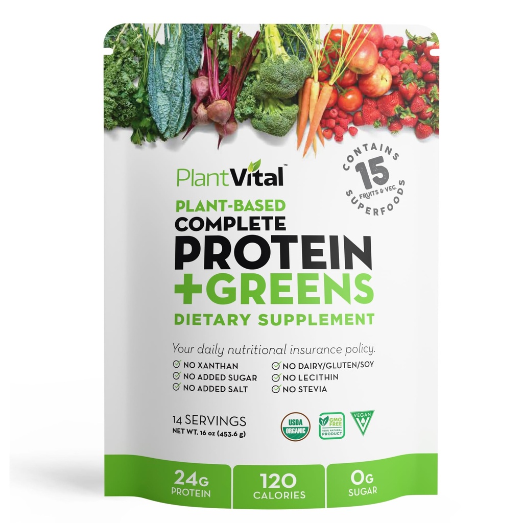 Plantvital Unflavored Organic Vegan Protein Powder - 15 Superfoods, Veggies and Probiotics - Organic Plant- Based Protein Powder - Wszystkie BCAA, Gluten Free - 16oz -1 Pouch