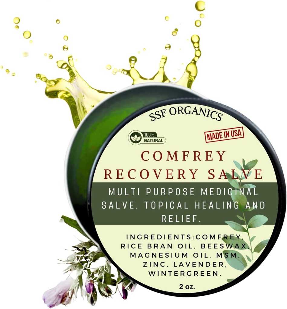 SSF Organics Comfrey Recovery Salve. Organiczny balsam ziołowy na kości, mięśnie, łączniki, kolana, skóra, opuchlizna i Tattoo Care. Ręcznie zrobiony, płukany. Nie ma wypełniaczy chemicznych.