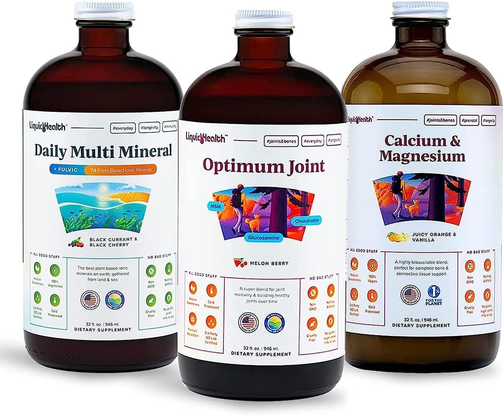 LIQUIDHEALTH Muscles, Bones & Joints Liquid Vitamin Bundle with Daily Multi Mineral, Optimum Joint Liquid Glucosamine, and Calcium & Magnesium Supplements - Bone & Joint Health, Energy, Vegan, Non-GMO