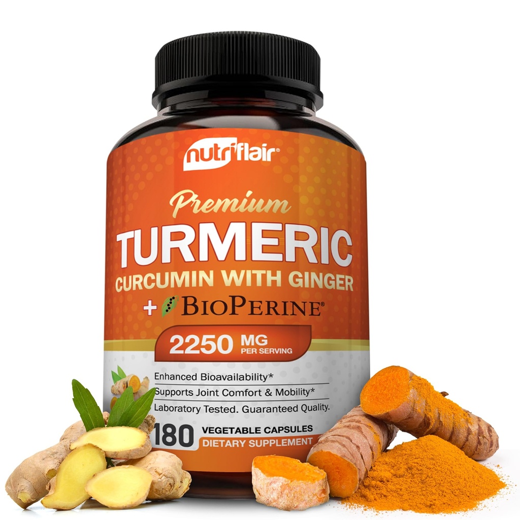 Nutric Flair Kurkumina Turmerowa z Ginger i BioPerine Black Pepper Suplementy, 180 Kapsułki - 95% Kurkuminoidy - Wspólne wsparcie, Przeciwutleniacz, Anti Aging - Naturalne, Non-GMO, Wegan Najlepsza maksymalna moc